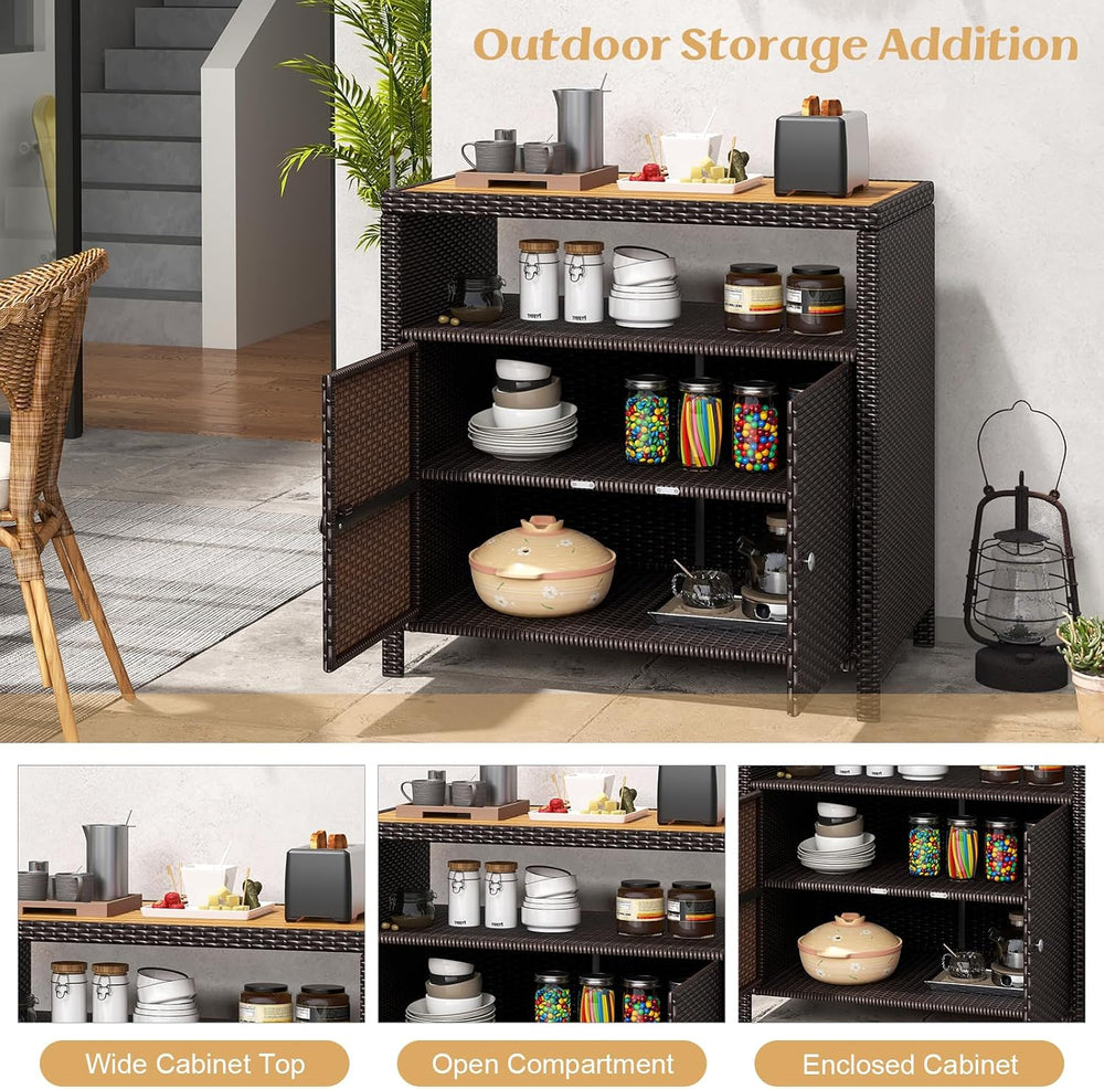 Tangkula Rattan Outdoor Storage Cabinet, Patiojoy Outdoor Cabinet with Acacia...