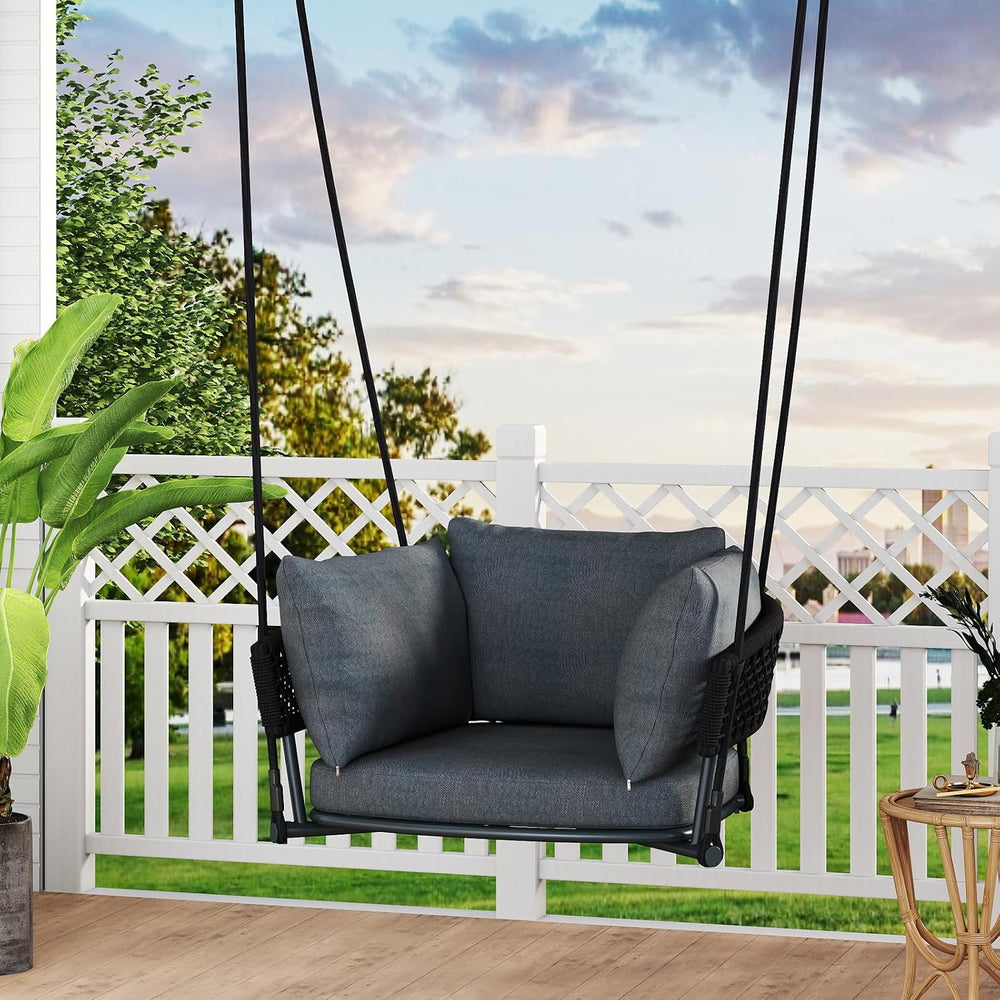 Single Porch Swings Chair with Cushions, Hanging Rope Swing, Hanging Chair fo...