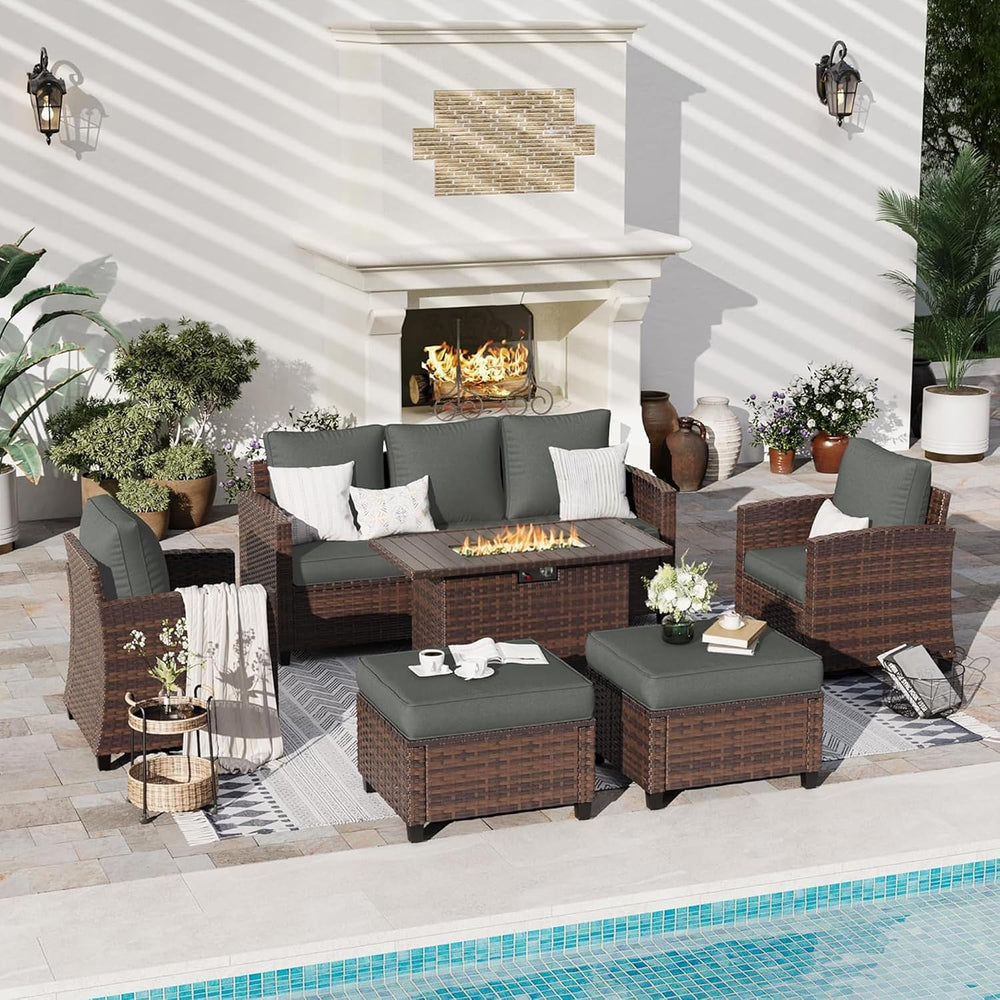 6 PCS Patio Furniture Set with Fire Pit,Rattan Patio Set,Dark Grey
