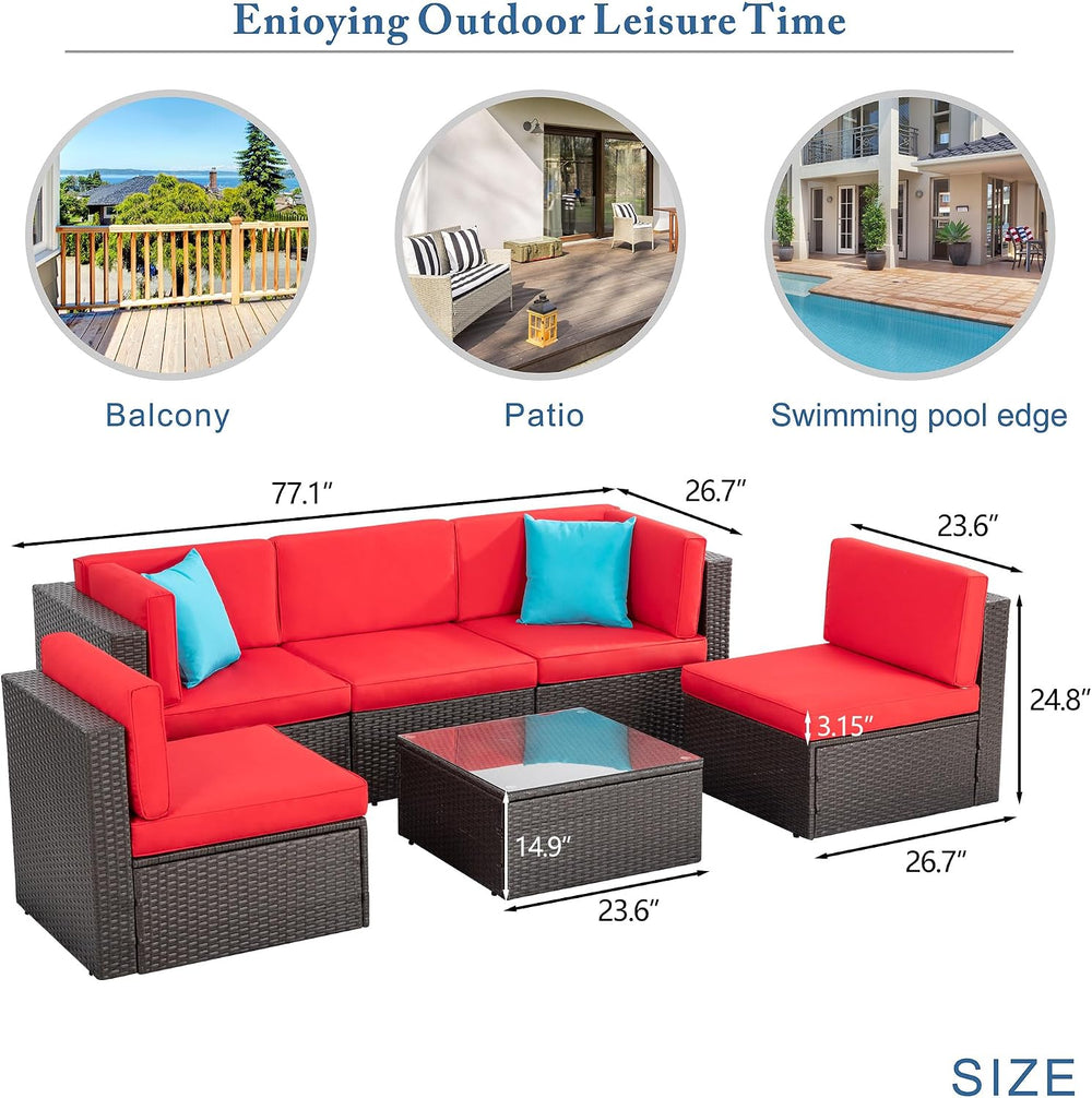 Vongrasig 6 Piece Small Patio Furniture Sets, Outdoor Sectional Sofa, Red