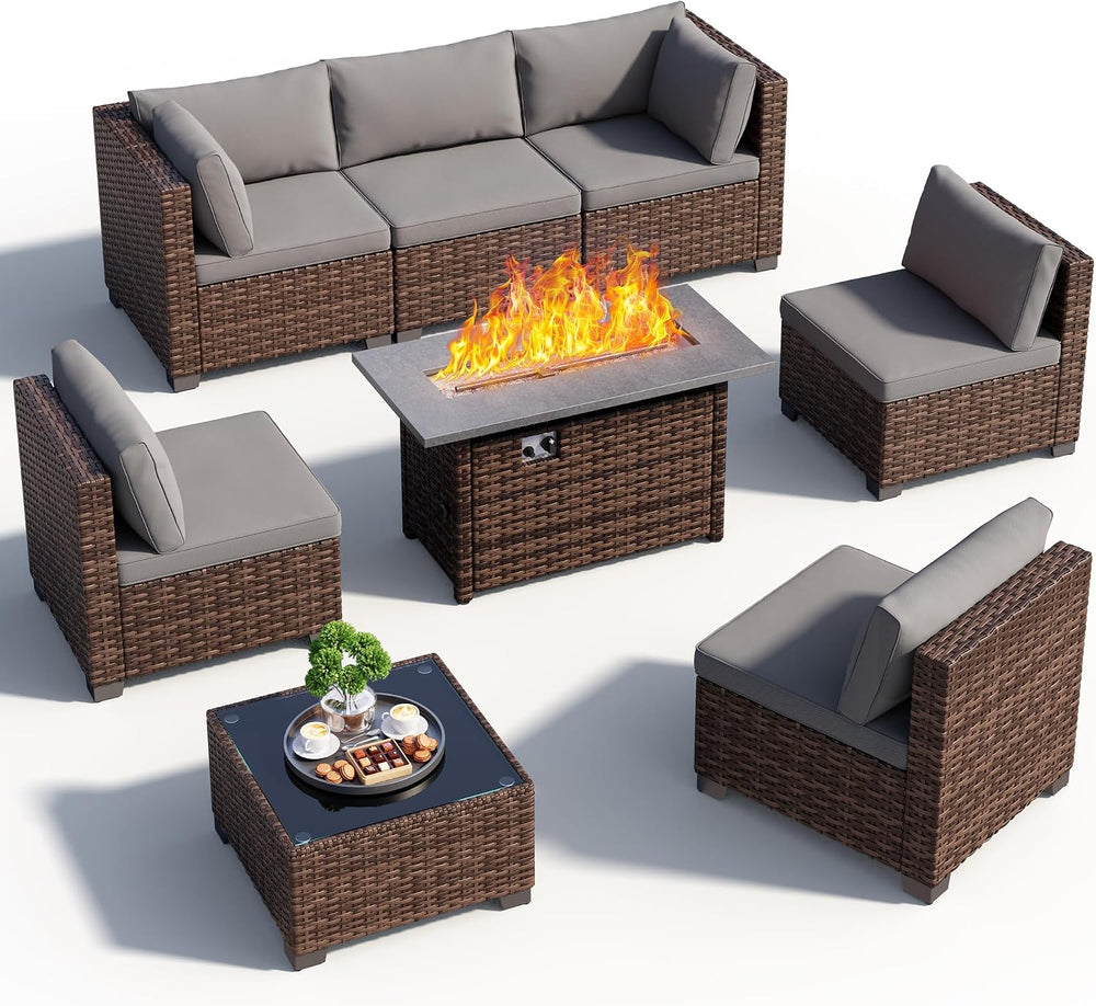 Qsun 8 Pieces Outdoor Patio Furniture Set with 44.9" Fire Pit Table, All...