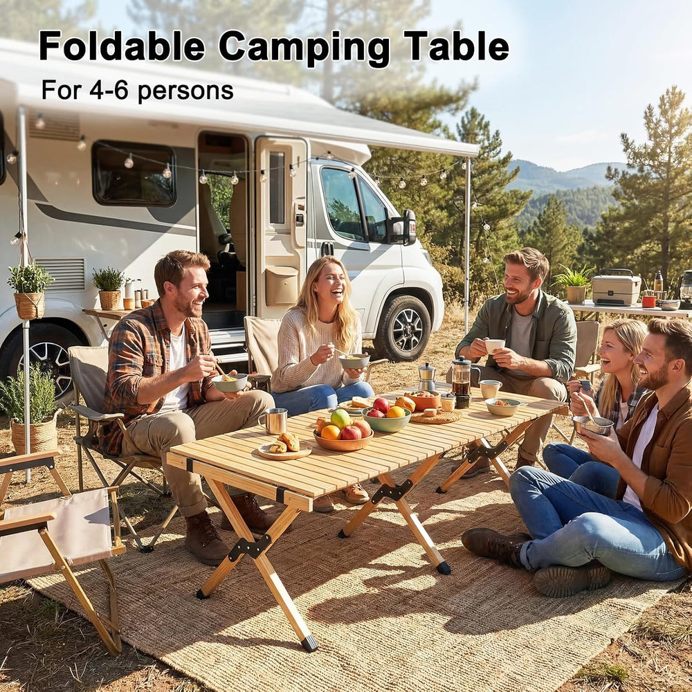 GYMAX 48 Inch Folding Camping Table, Roll-Up Pine Wood Picnic Table with Carr...