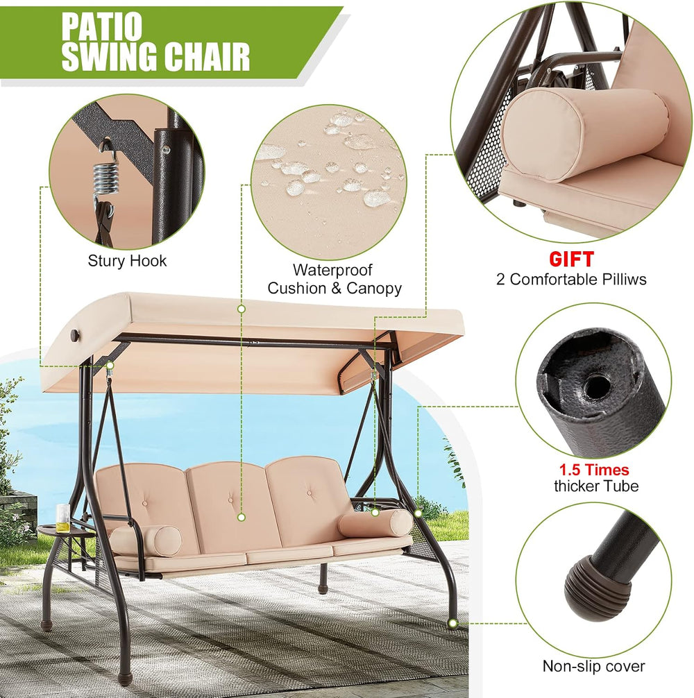 3-Seat Porch Swing with Adjustable Canopy, Patio Swing with Stand