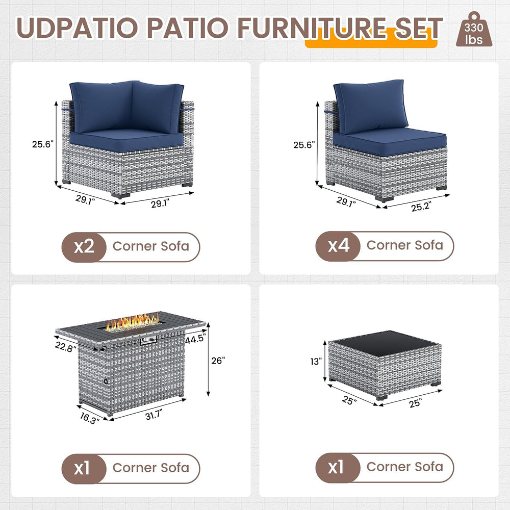 UDPATIO Patio Furniture Set with 44'' Fire Pit Table, 8 PCS Outdoor S...