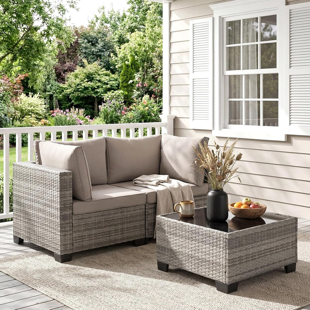 ANJ 3 Piece Outdoor Wicker Patio Furniture Set, Modular Loveseat Sofa with wi...