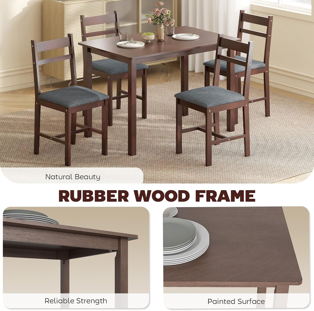 HOMCOM 5-Piece Solid Wood Dining Table Set for 4, Walnut and Gray