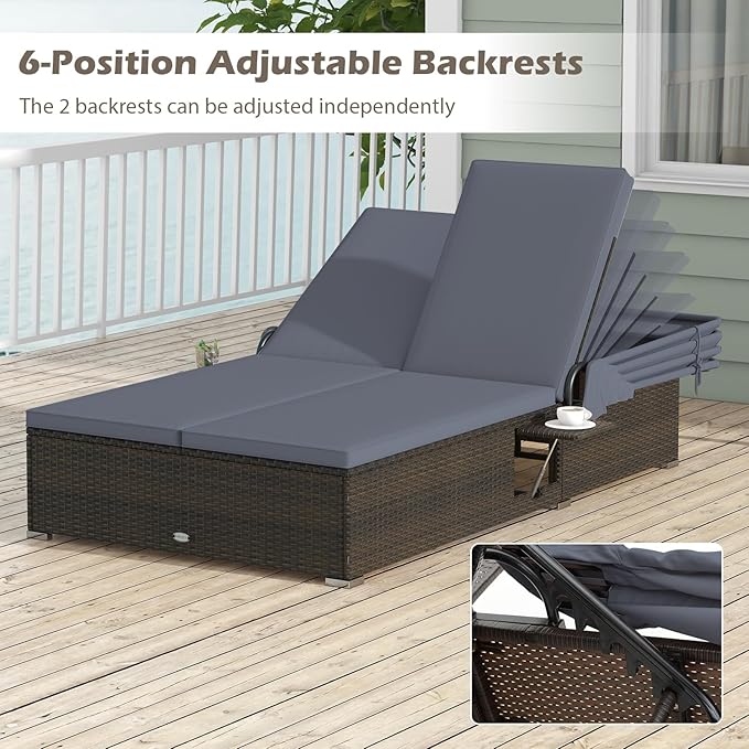 RELAX4LIFE Outdoor Rattan Daybed w/Canopy - Wicker Double Chaise Lounge w/6-P...