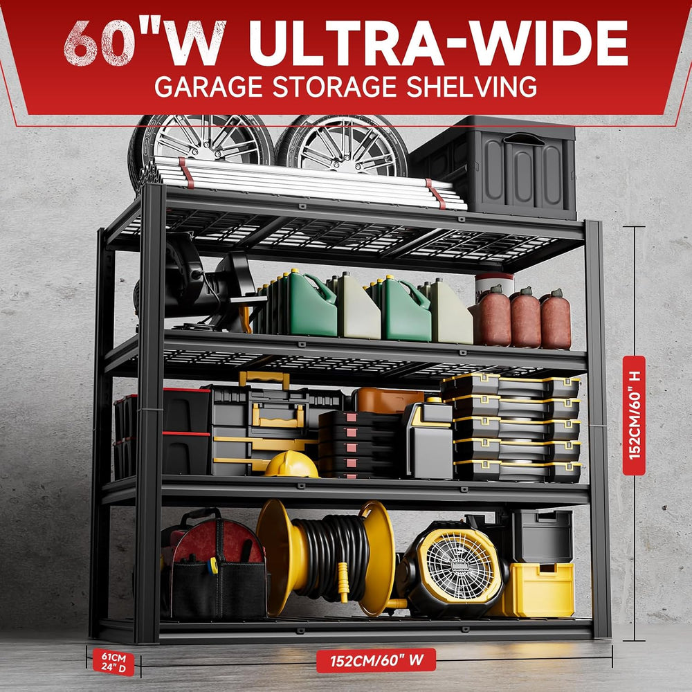 4-Tier Garage Shelving Heavy Duty 2800LBS Garage Storage Rack 60" W Base...