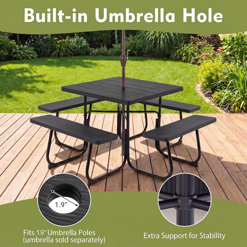 GYMAX Picnic Table Bench with Umbrella Hole, 8 Person Square Outdoor Picnic T...