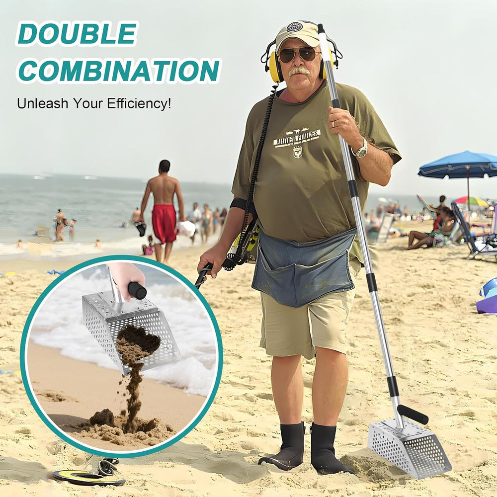 Sand Scoop for Metal Detecting, long-handle Metal Detector & Sand Flea Rake