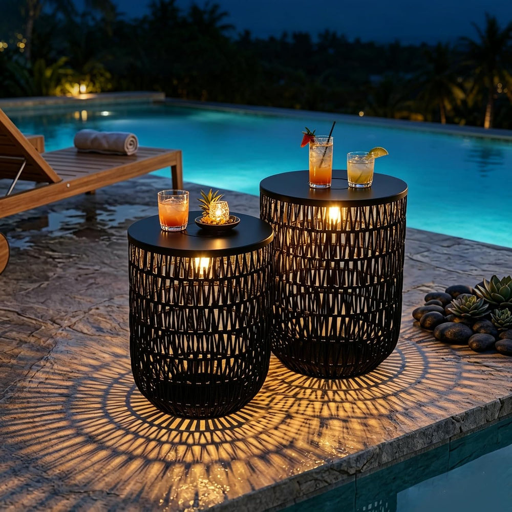 HMVPL Solar Black Outdoor Side Table Set of 2 with Dimmable Light, Round Pati...