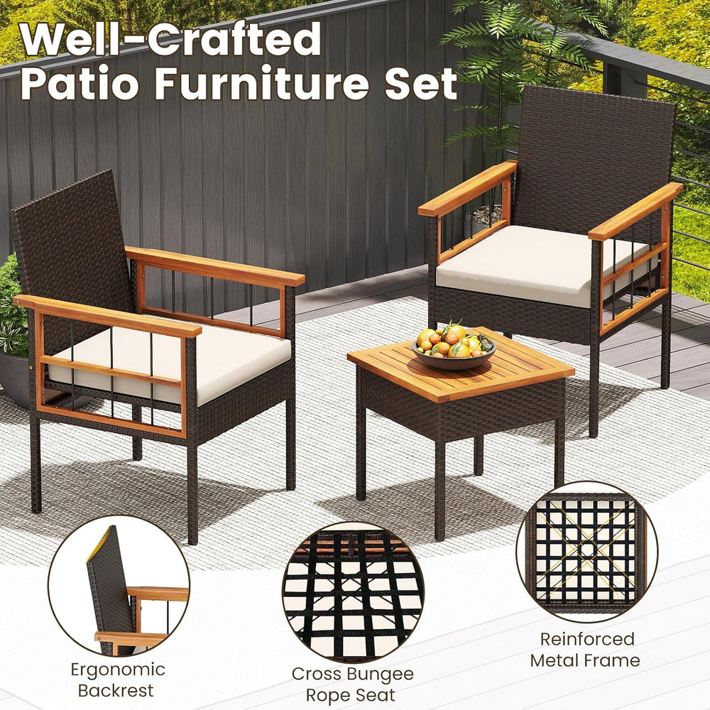 Tangkula 3 Piece Outdoor Wicker Conversation Furniture Set, Patio Rattan Cush...