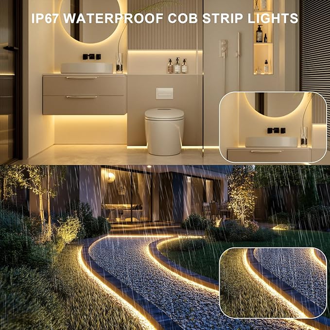 50ft COB Outdoor LED Strip IP67 Waterproof, 3000K Warm Whit DC24V Flexible LE...