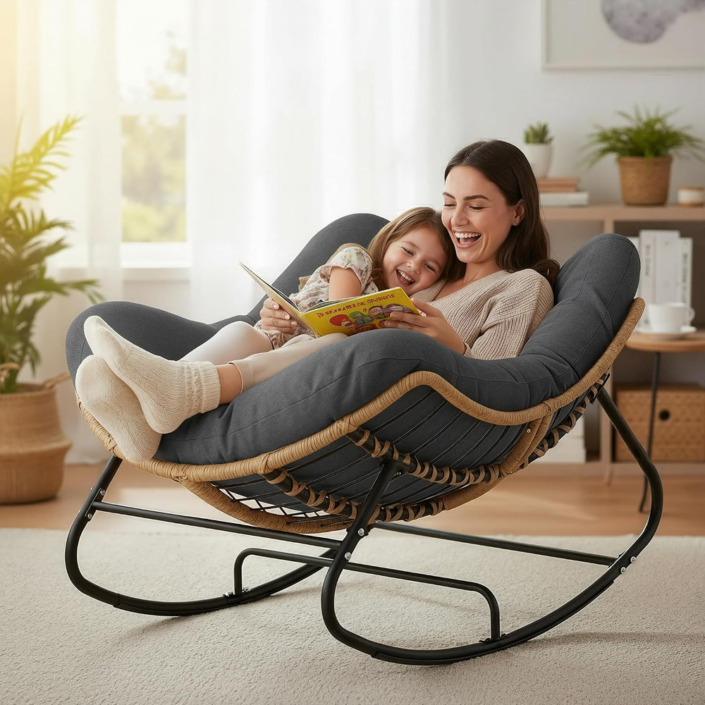 SWITTE Papasan Rocking Chair, Outdoor Wicker Egg Rocker with Cushion, Grey