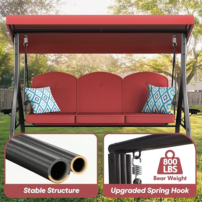3 Seat Outdoor Porch Patio Swing with Stand 800lbs 2-in-1 Convertible Swing B...