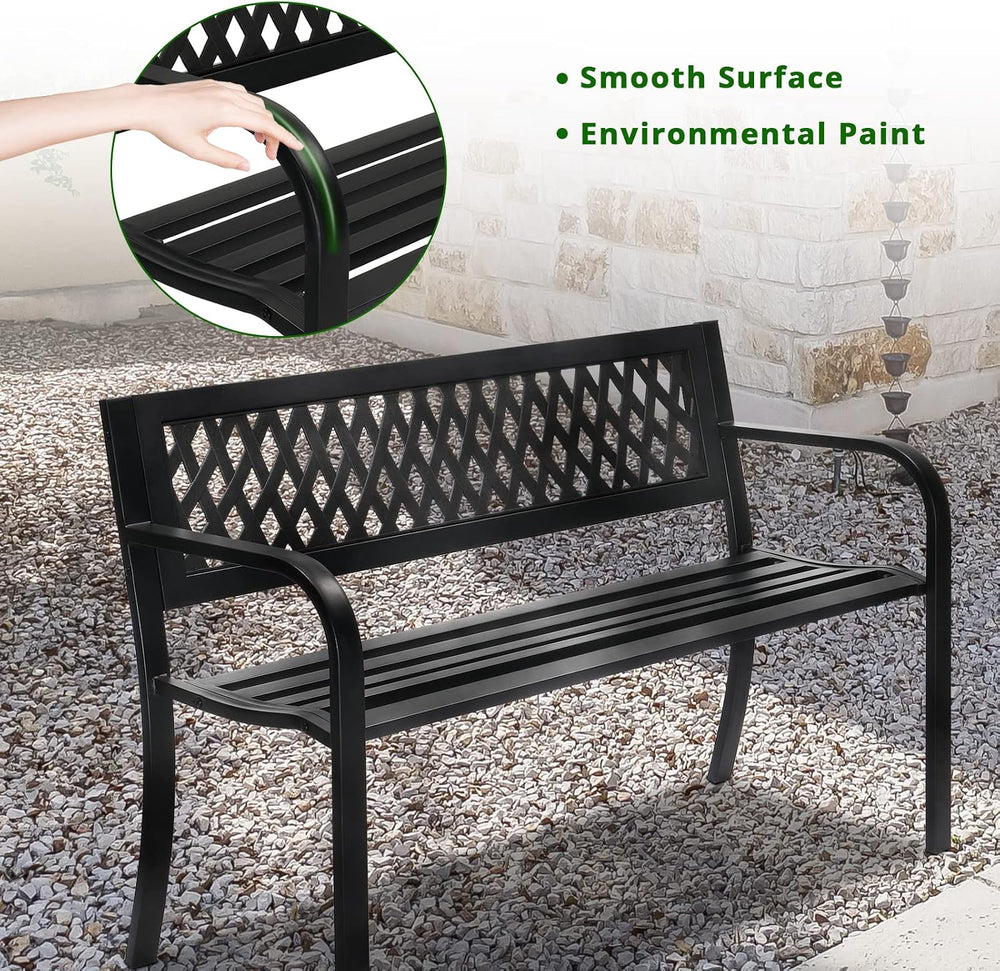 VINGLI Outdoor Metal Bench w/PVC Back - All Weather Resistant Black Garden Pa...