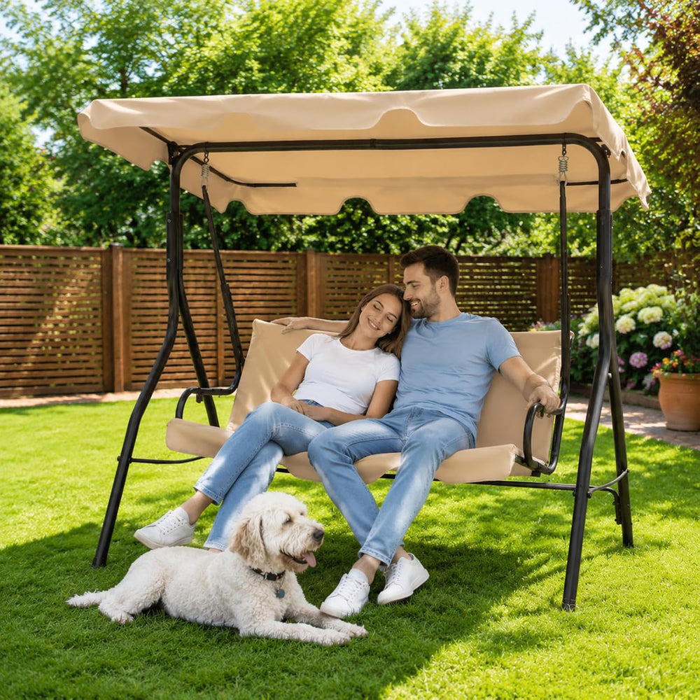 Garvee 3 Seat Outdoor Porch Swing with Adjustable Canopy, Patio Swing Chair w...