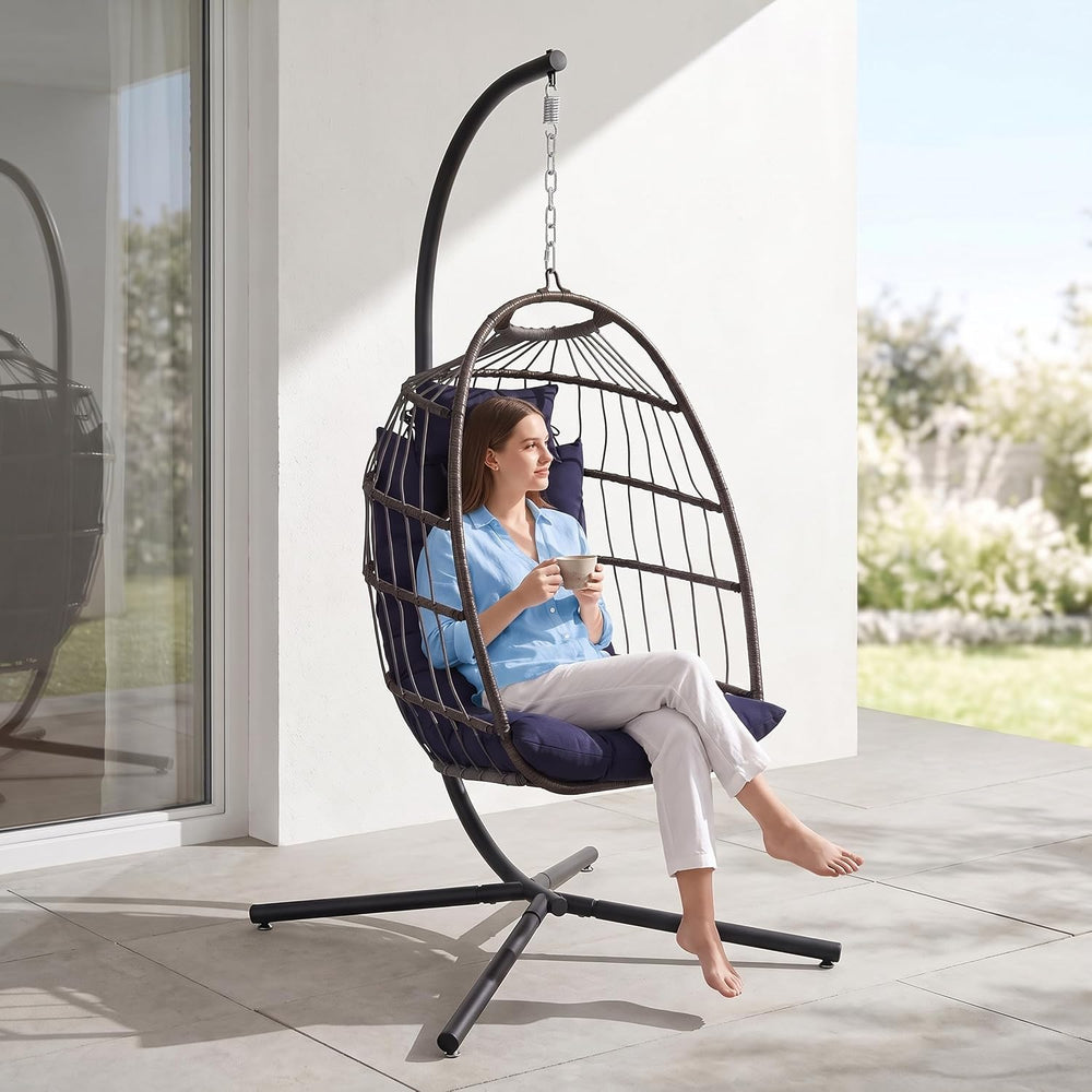 SereneLife Hanging Egg Chair with Stand | Foldable Rattan Wicker Hammock Chai...