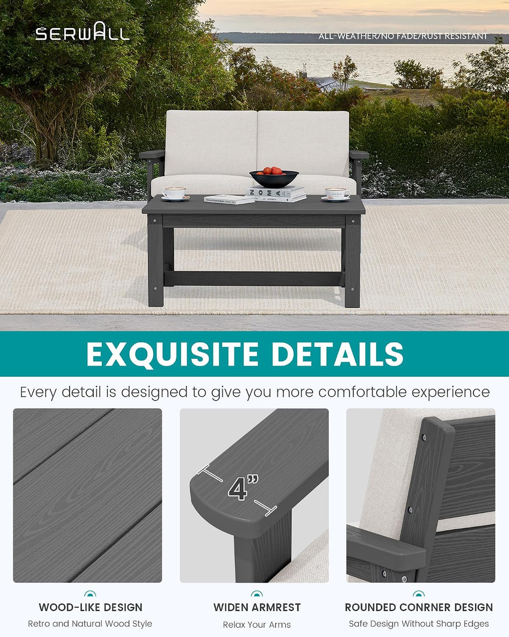 SERWALL HDPE Outdoor Loveseat, All Weather Patio Furniture Set