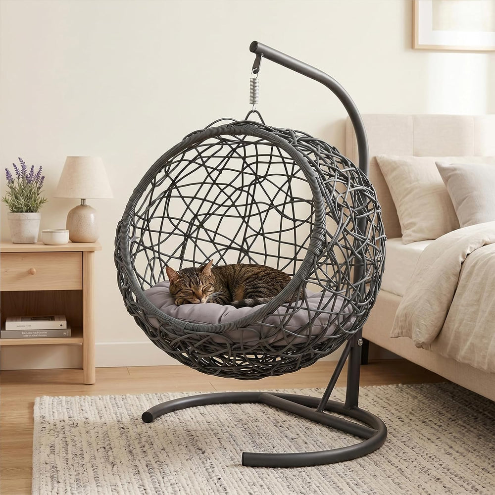 Hanging Cat Swing Bed with Stand, Rattan Egg Chair for Cats