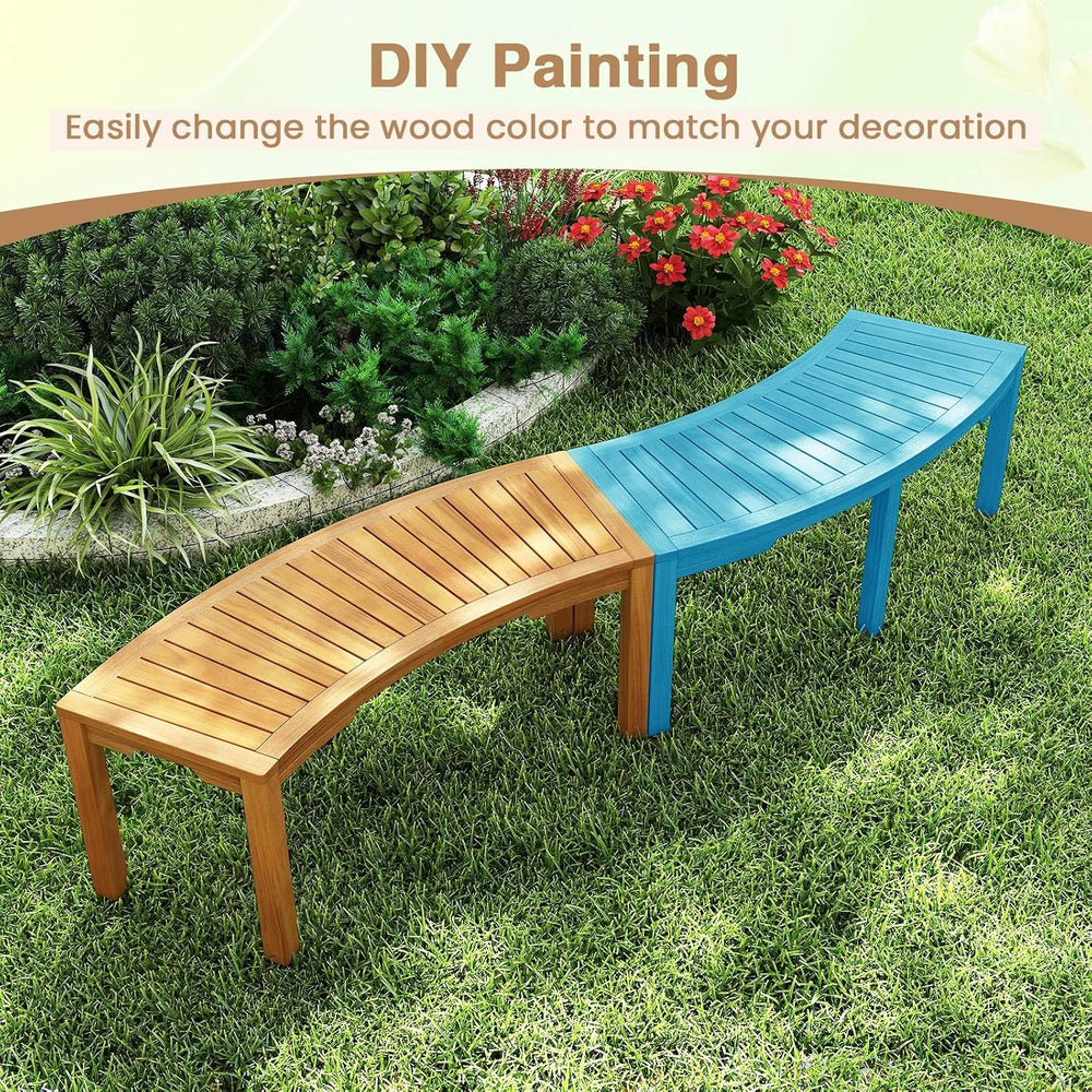 Moccha Outdoor Curved Bench, Acacia Wood Fire Pit Bench w/Slatted Seat, Loves...