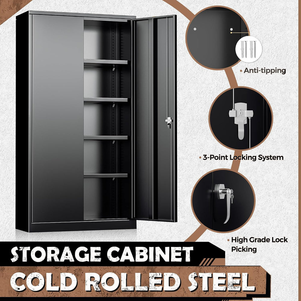 Metal Storage Cabinet, 72” H Storage Cabinet with 2 Doors and 4 Adjustable Sh...