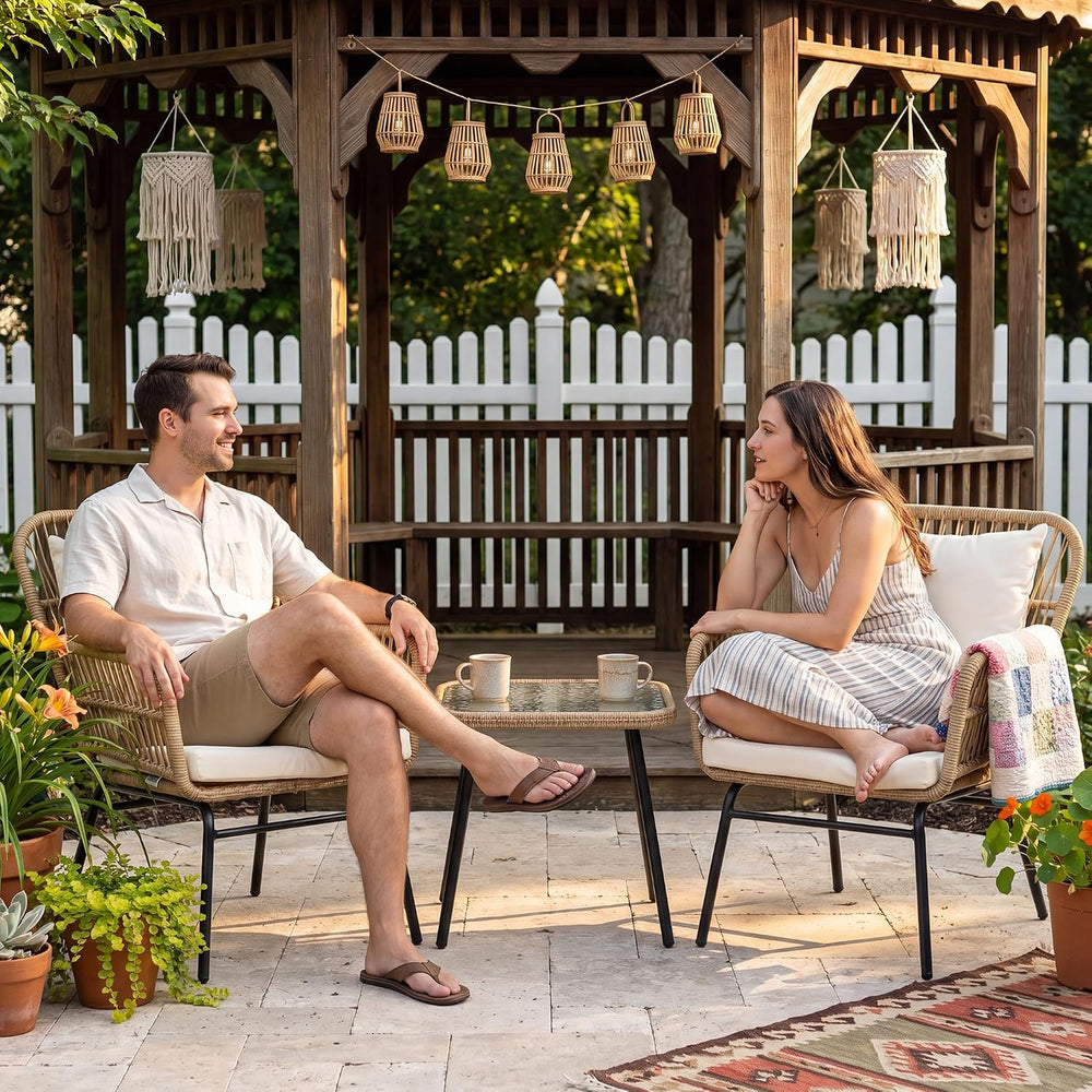 RADIATA 3 Pcs Boho Wicker Patio Chair Set, Outdoor Rattan Bistro Furniture