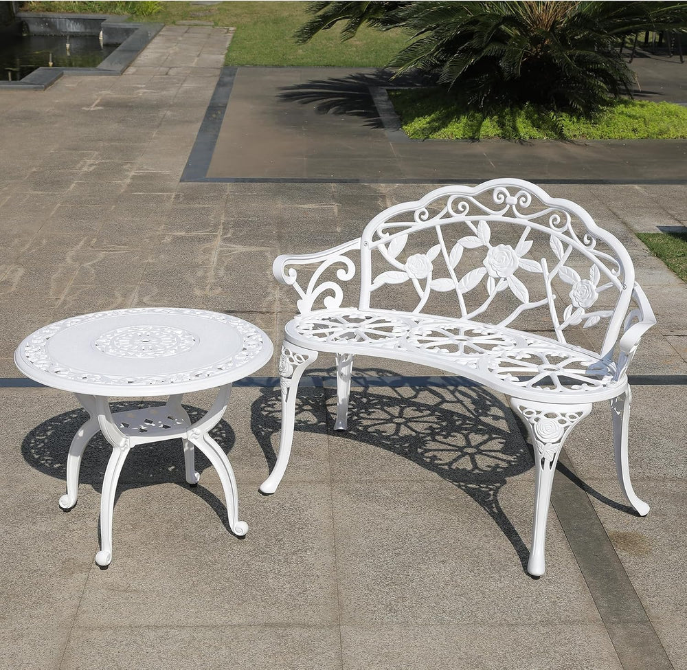 Cast Aluminium Outdoor Bench, Rose Garden Bench for Patio,Park,Lawn,Yard (White)