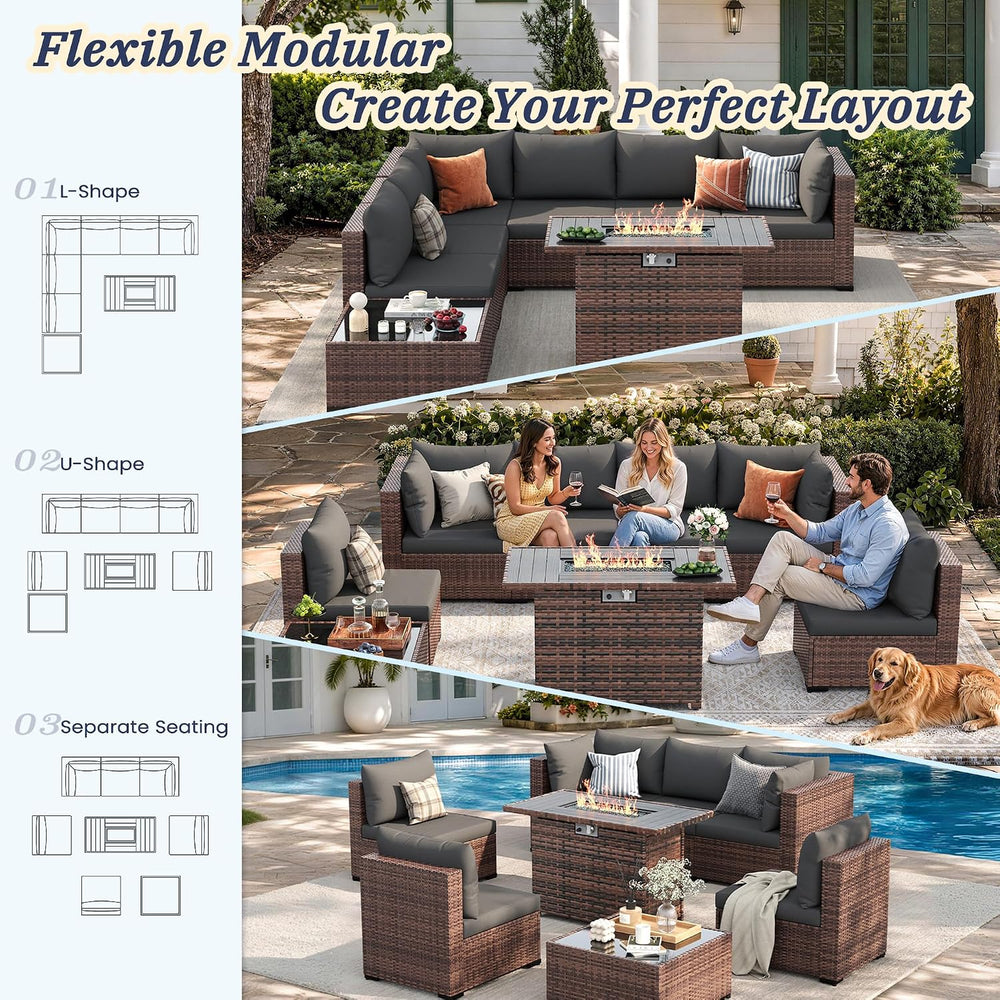 UDPATIO Patio Furniture Set with Fire Pit Table, 8-Piece Wicker Patio Set