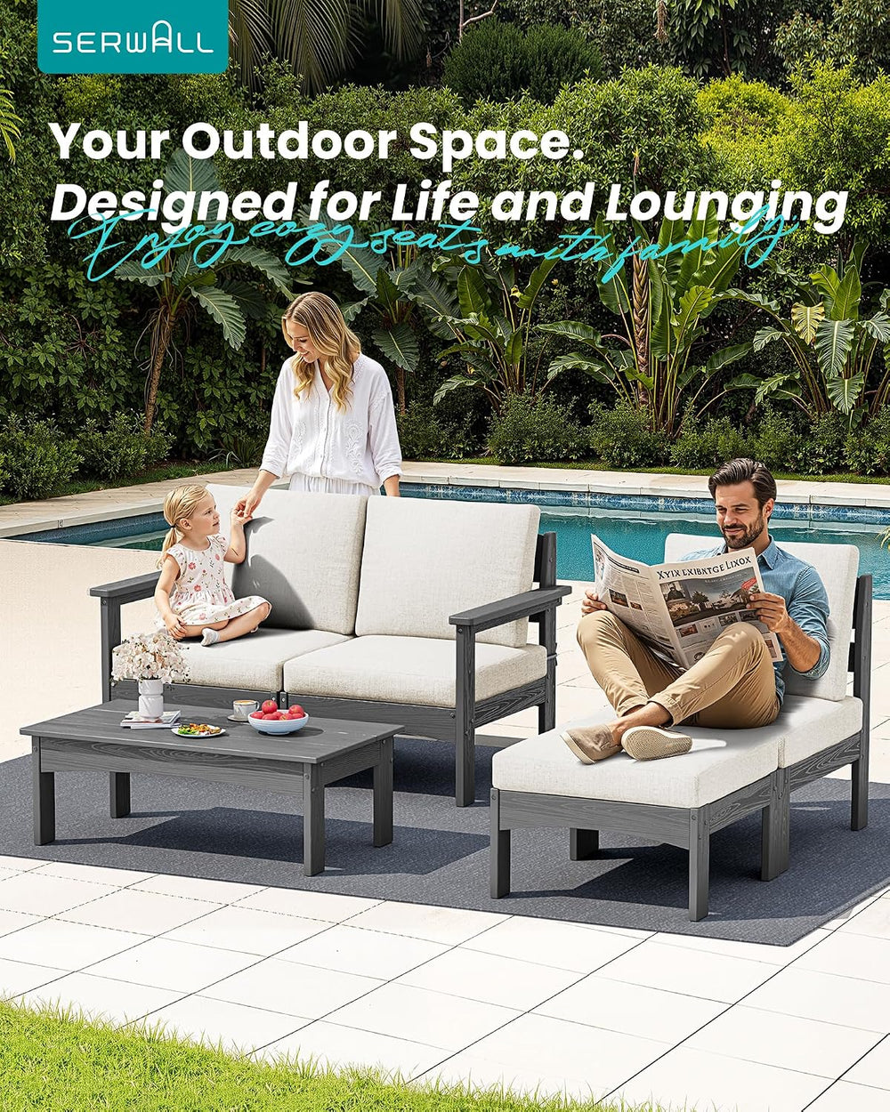 SERWALL 5 Piece Patio Sofas, Outdoor Sectional Sofa with Coffee Table, Grey