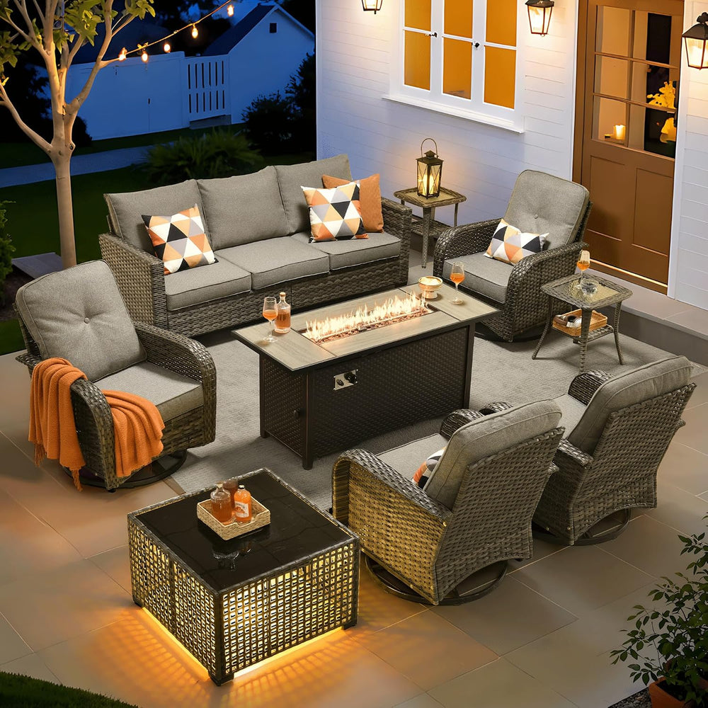 ovios 9 Pieces Patio Furniture Set, Outdoor Wicker Sofa Couch with Swivel Gli...
