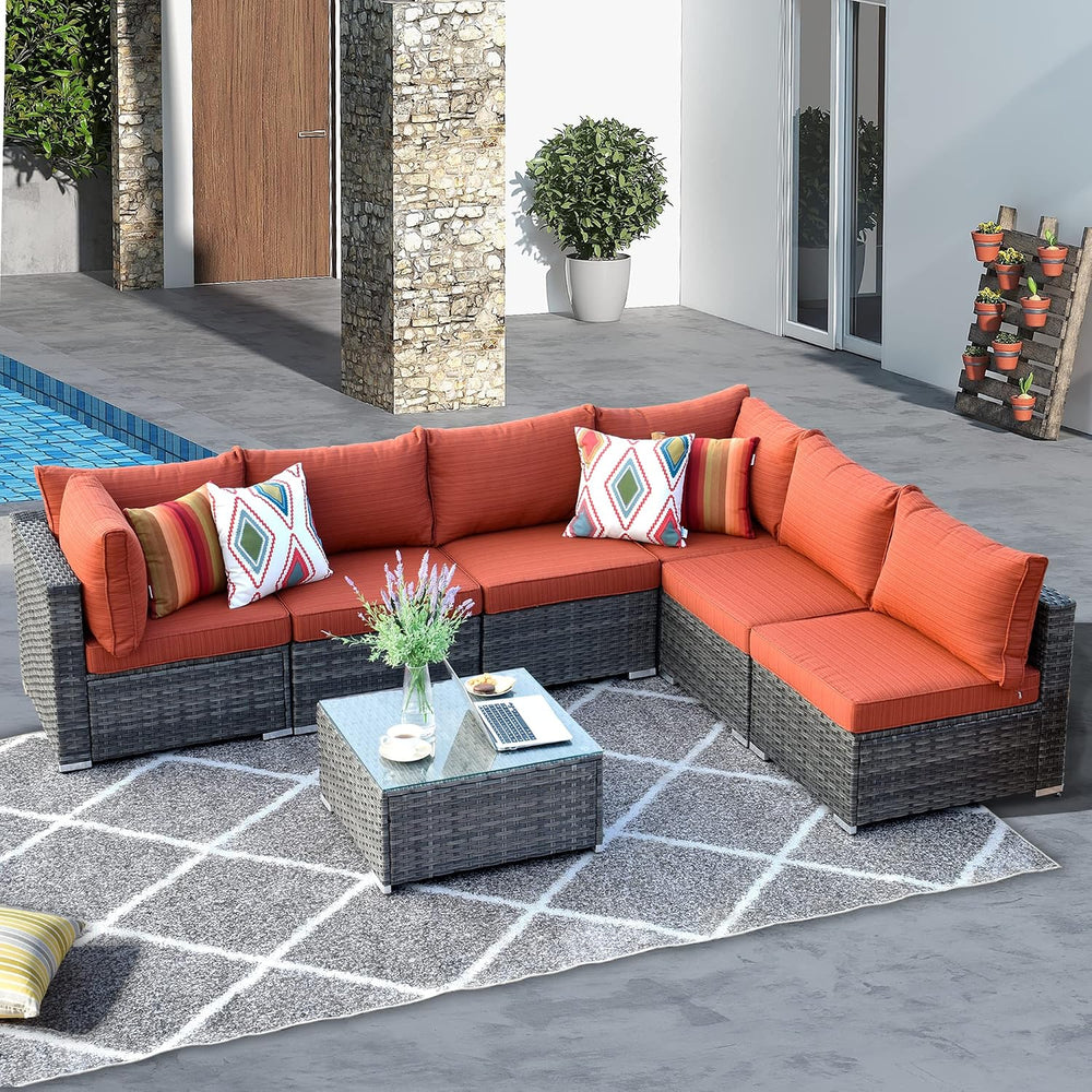 HOOOWOOO Patio Outdoor Sectional Furniture Sofa Set,7 Piece U Shaped Corner W...