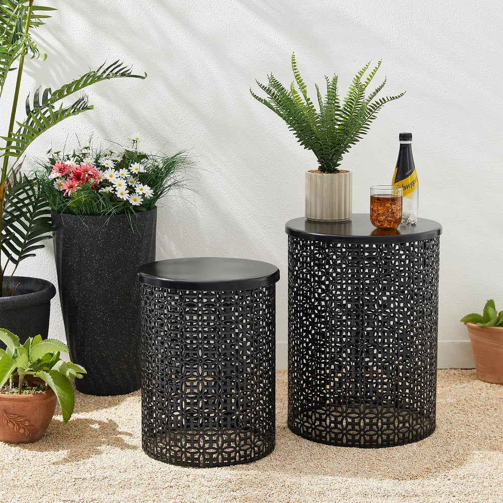 Glitzhome Outdoor Side Table Set of 2, Decorative Garden Stool for Patio Heav...