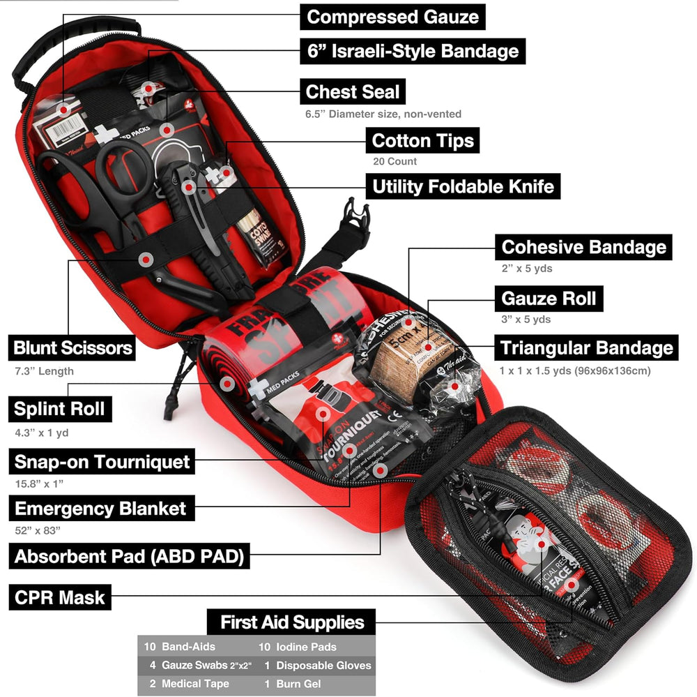 Survival First Aid Kit with Israeli-Style Bandage, Splint, Chest Seal for Tac...