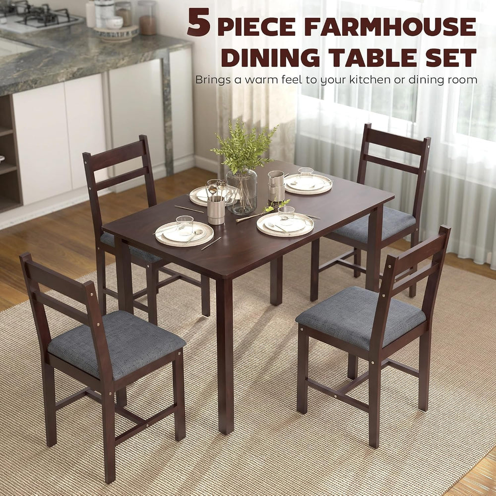 HOMCOM 5-Piece Solid Wood Dining Table Set for 4, Walnut and Gray