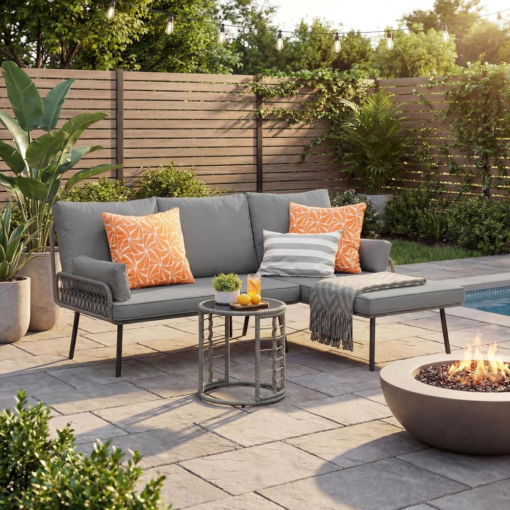 Gizoon 3-Piece Outdoor Patio Furniture Set, PE Wicker L-Shaped Sofa Grey