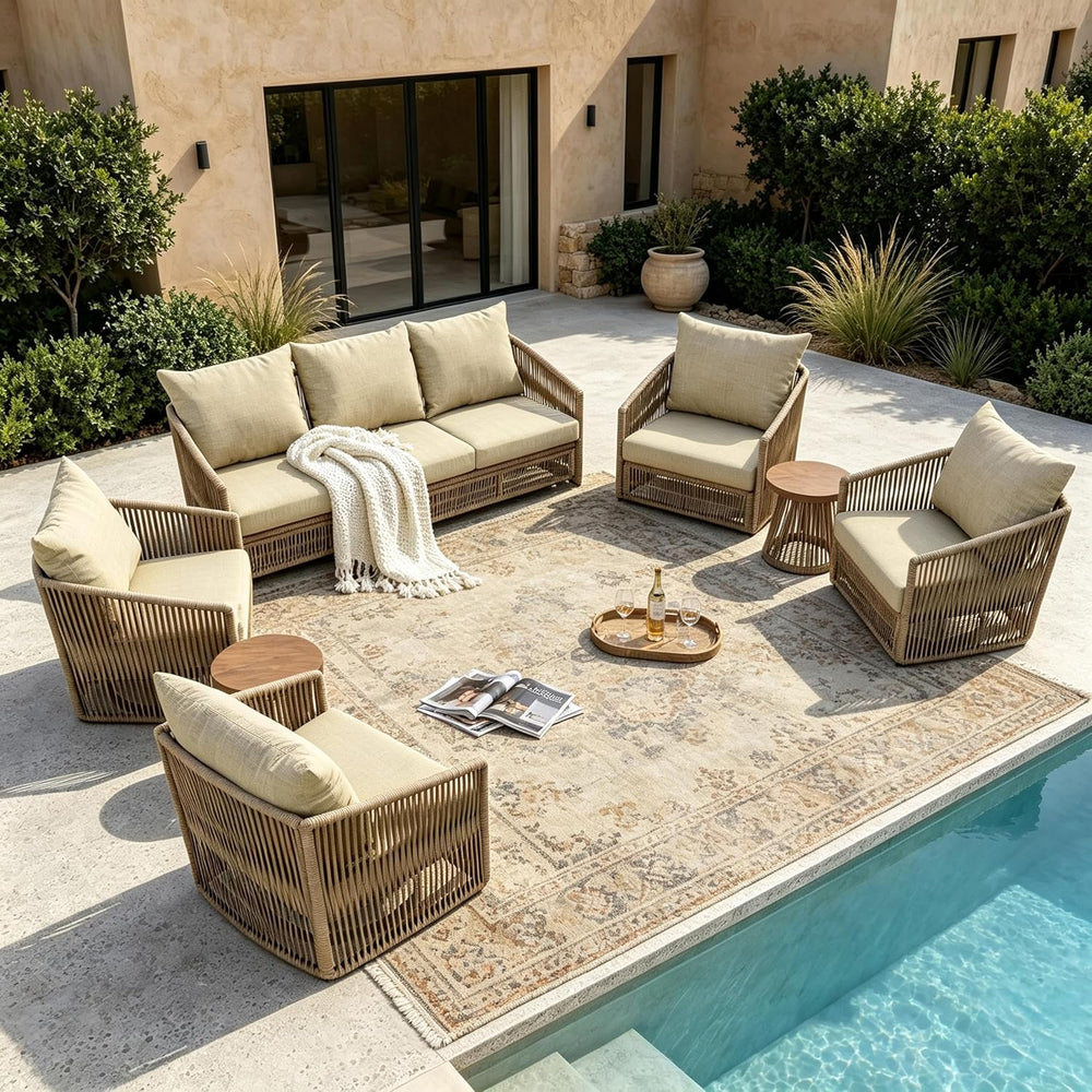 Pia Ricco 7 Pieces Patio Furniture Set, PE Wicker Rope Outdoor Sofa with Swiv...