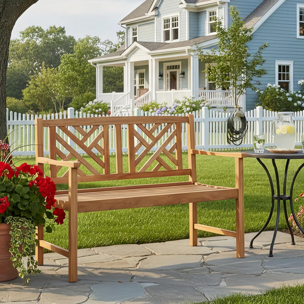 Tangkula Patio Acacia Wood Bench, 2-Person Outdoor Loveseat Chair, Cozy Armre...