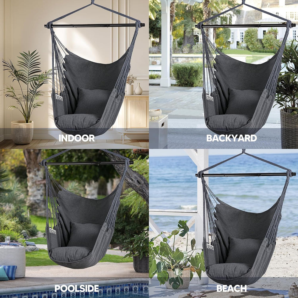 Hammock Chair Swing with Steel Support Bar, Side Pocket, Dark Gray