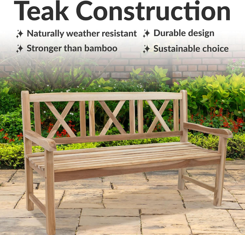 Sunnydaze 2-Person Cross-Back Wooden Teak Outdoor Bench for Porch, 59-Inch