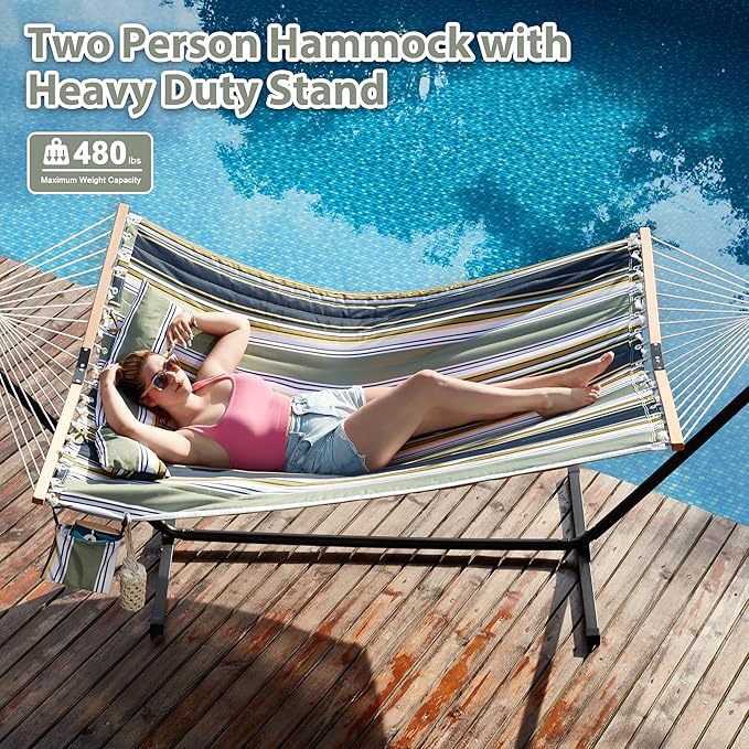 Two Person Hammock with Stand for Outside Heavy Duty, Outdoor Patio Hammock w...