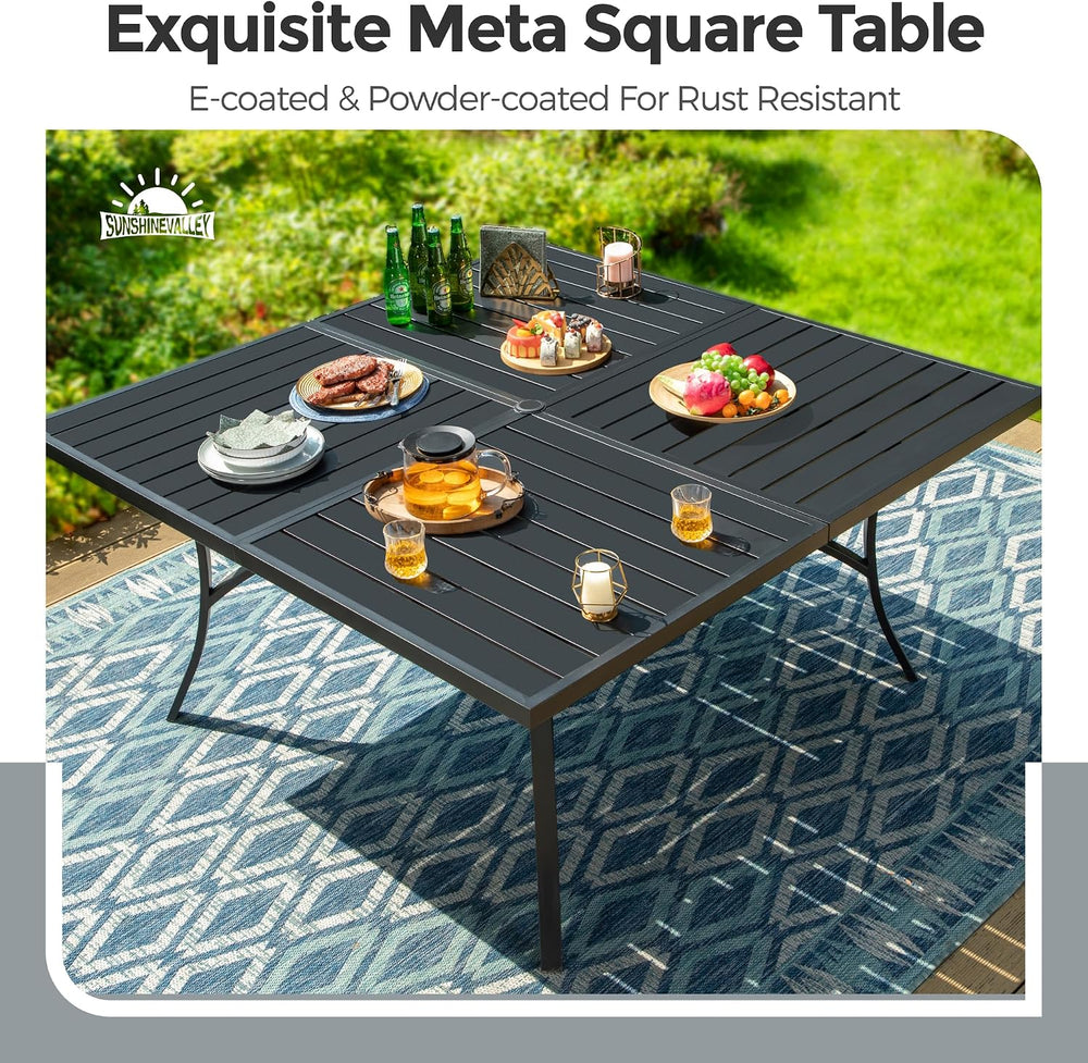 SUNSHINE VALLEY 9pc Patio Dining Set, 57.5" Square Table & 8 Brown C...
