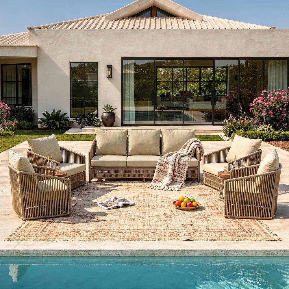 Pia Ricco 7 Pieces Patio Furniture Set, PE Wicker Rope Outdoor Sofa with Swiv...