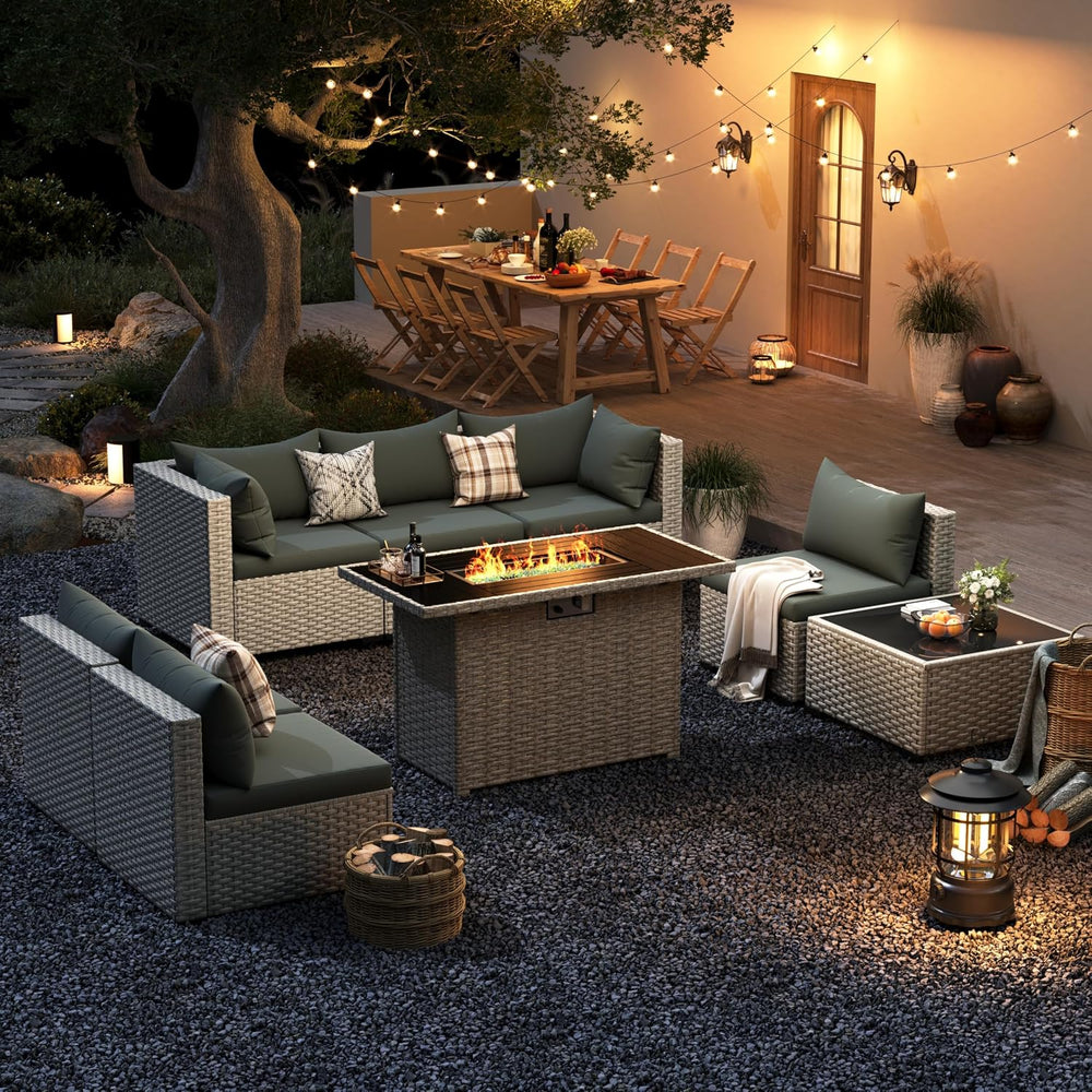 Outdoor Patio Furniture Set with Fire Pit 8 Pcs Wicker Sectional Sofa Green