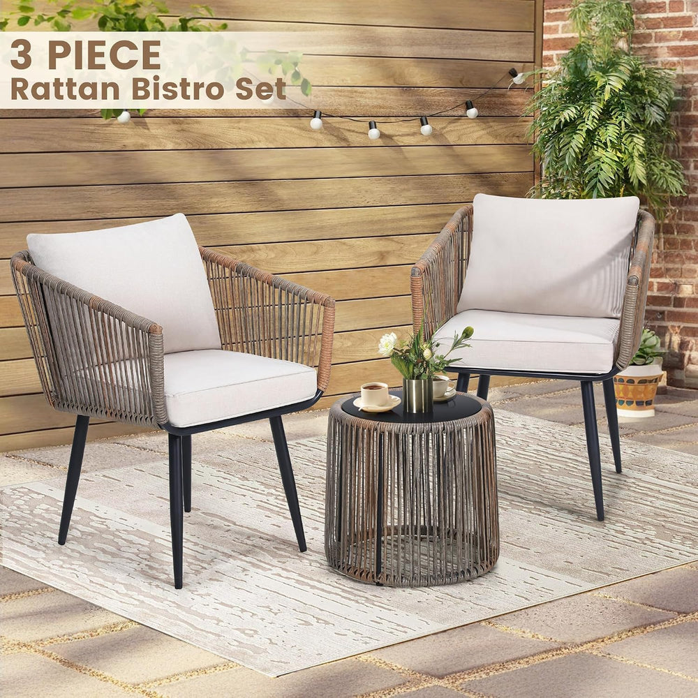 3-Piece Patio Rattan Bistro Conversation Set, Beige