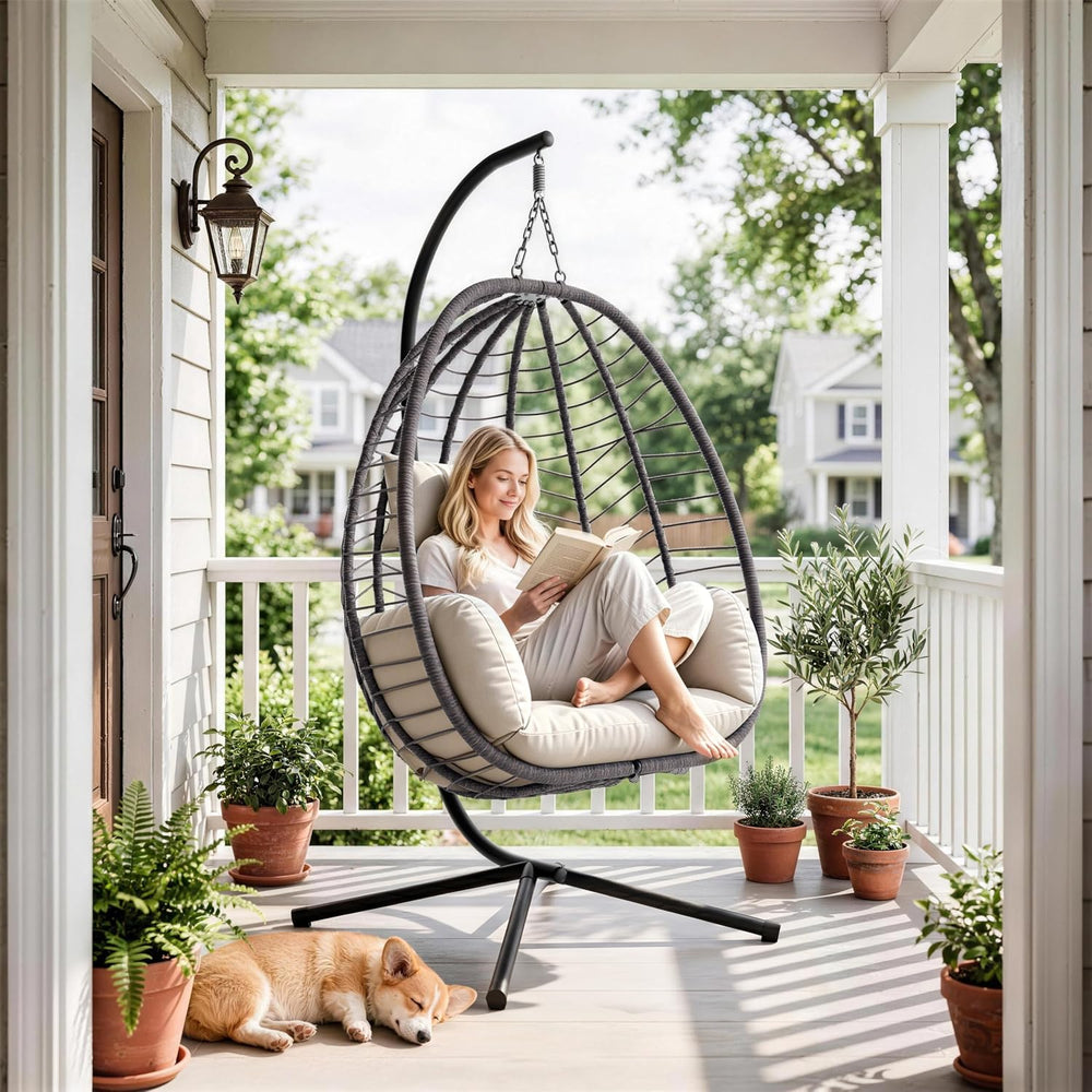 Foldable Egg Chair with Stand, 485LBS Capacity Wicker Rattan Hammock Swing Ch...
