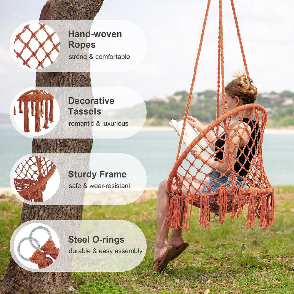 Rope Hammock Chair, Outdoor Hanging Swing Chair for Bedroom, Brown