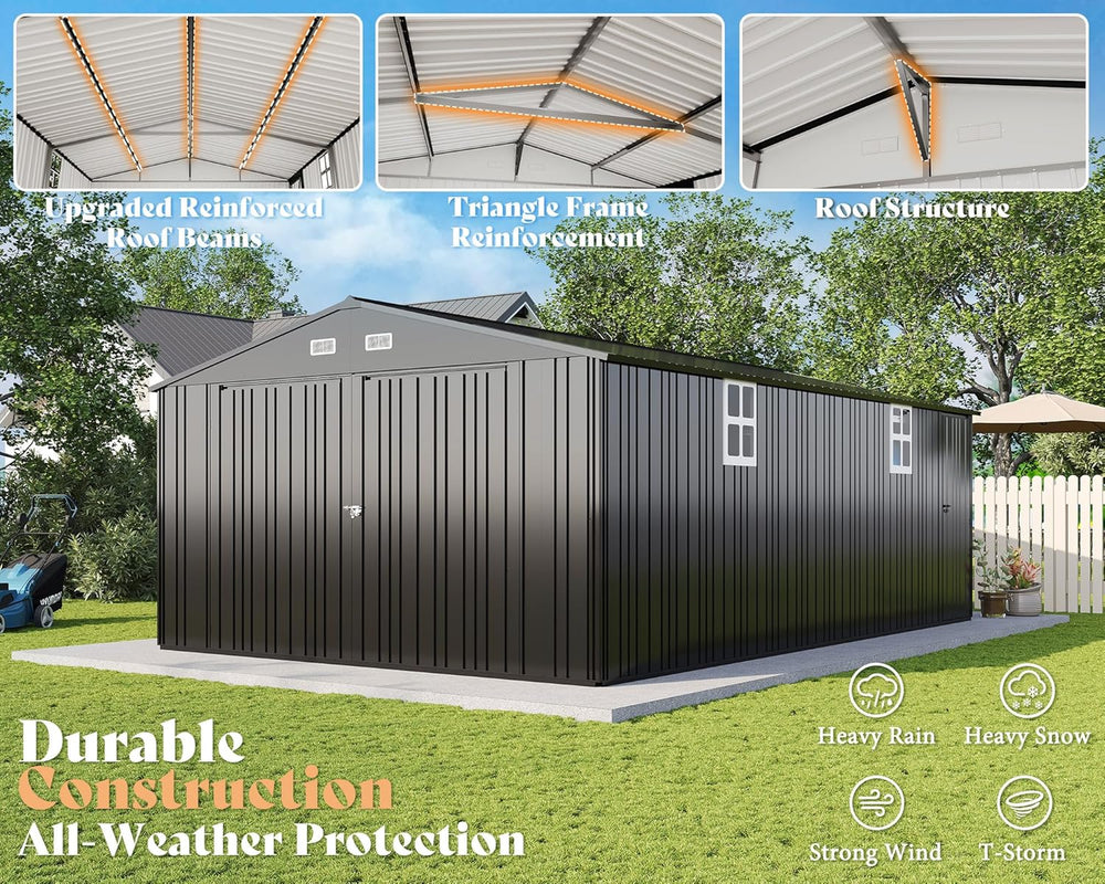 AMERLIFE 10x21x7.3 FT Metal Garage Shed with Double Hinged Doors, 4 Windows