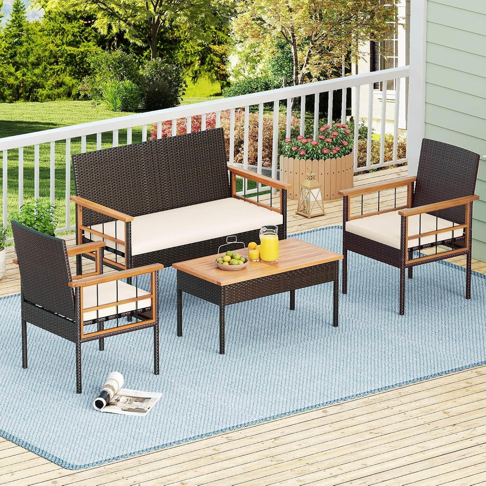 Tangkula 4 Pieces Wicker Patio Conversation Furniture Set, Outdoor Rattan Cus...