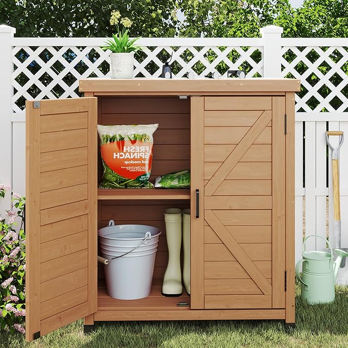 Outdoor Storage Cabinet & Potting Bench Table with Metal Top, Wooden Pati...